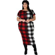 L51589 Fat Woman Plus Size Plaid Pattern Printed Maxi Dress